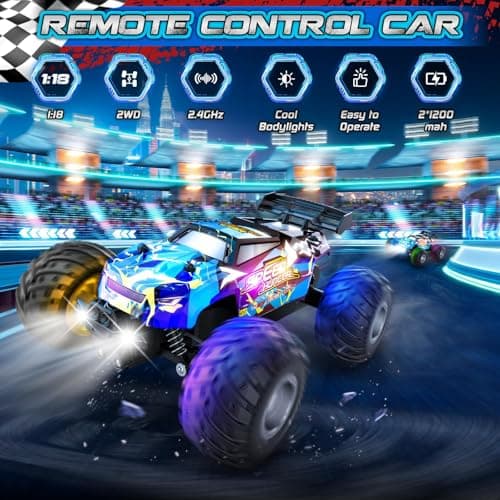 Rcjoyou Remote Control Car, 2WD Off-Road Rc Truck, 20 KM/H All-Terrain RC Cars with Headlights & Body Lights, 2.4GHz, 2 Batteries, Remote Control Car for Boys 4-7 8-12, Gift Toys for Boys Girls - Thumbnail 2