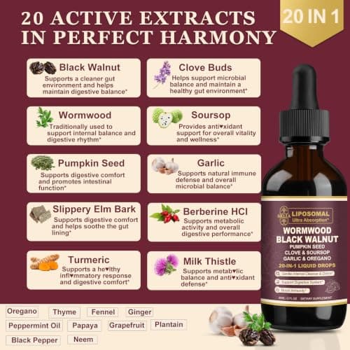 SKLIA 20-in-1 Liposomal Wormwood Black Walnut Cleanse for Humans Drops Liquid – Rapid Gut Cleanse & Digestive Support with Clove, Berberine, Garlic, Soursop, Slippery Elm, Oregano | Fast-Absorbing 1P - Thumbnail 3