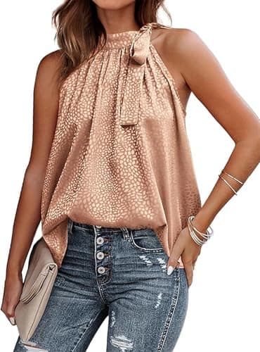 BTFBM Satin Halter Tops for Women 2026 Summer Spring Clothes Leopard Side Tie Bow Mock Neck Sleeveless Loose Tank Top(Champagne, XX-Large) - Image 1