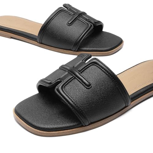 Athlefit Black Flat Sandals for Women Dressy Square Open Toe Comfortable Slip On Summer Beach Slide Sandals Size 10 - Thumbnail 6
