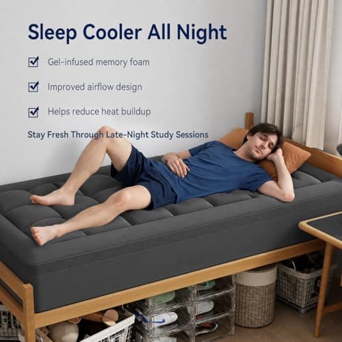 ELEMUSE Dual Layer 3 Inch Memory Foam Mattress Topper Twin XL, Dorm Room 2 Inch Cooling Gel Memory Foam Plus 1 Inch Down Alternative Pillowtop Mattress Pad, College Essential, Comfort Support, Grey - Thumbnail 4