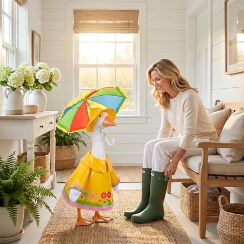 yuboo Summer Porch Goose Outfit for 23 Inch Cement Goose,Yellow Raincoat Goose Clothes with Rainbow Umbrella,Hat, Garden Costume for Lawn Porch Yard Outdoor Decor - Thumbnail 2