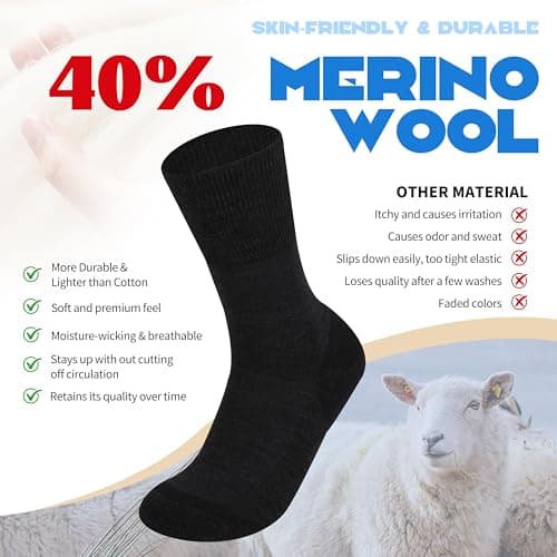Forcool 3 Pairs Merino Wool Diabetic Men's Women's Non Binding Loose Top Extra Wide Calf Large Cushion Socks Dress Crew Socks with Seamless Toe, X Large Black - Thumbnail 2