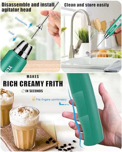 YUSWKO Rechargeable Milk Frother for Coffee, Handheld Drink Mixer with 3 Heads 3 Speeds, Ideal Coffee Frother Wand for Travel - Green - Thumbnail 4