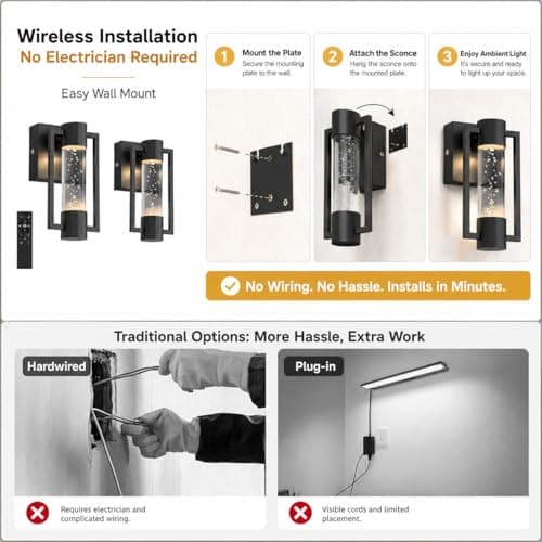 L LOHAS LED Black Battery Operated Wall Sconce Set of 2, Modern Rechargeable LED with Remote Control, Color Changing, Timer Setting, Wireless Dimmable Night Light for Bedroom, Hallway, Living Room - Thumbnail 4