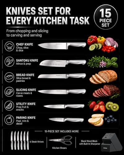 Astercook Knife Set, 15 Piece German Steel Kitchen Knife Set with Built-in Sharpener, One-Piece Knife Block Set Rust-Resistant Dishwasher Safe Block Knives Set for Cooking & Gift (Midnight Black) - Thumbnail 4