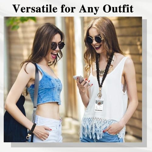 Scrunchie Lanyard with ID Holder Teacher Lanyards for ID Badges and Stretchy Scrunchie Keychain Wristlet for Women (Black) - Thumbnail 3