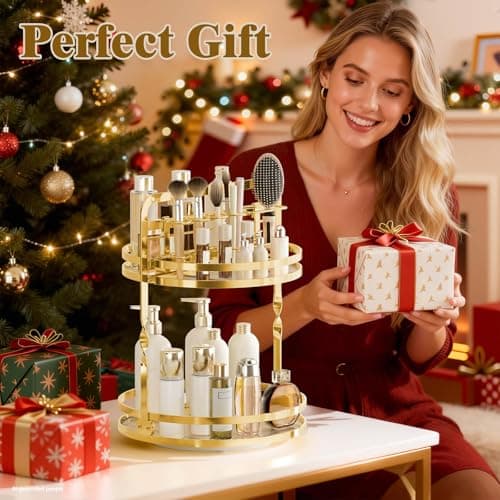 DUANFEE 360° Rotating Makeup Organizer, 2-Tier Gold Perfume Organizer for Dresser, Bathroom Organizer Countertop, Lazy Susan Spinning Perfume Stand Vanity Skincare Storage with Makeup Brush Holder - Thumbnail 6