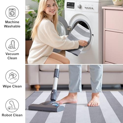 OLANLY Grey and White Striped Rug 3' x 5' – Washable Cotton Indoor Outdoor Doormat for Front Door, Entryway, Kitchen, Porch, Patio Decor - Thumbnail 2