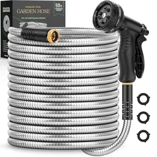 Garden Hose 50 FT, Metal Stainless Steel Water Hose with 10 Function Nozzles, No Kinks, Flexible Hose, Lightweight, Puncture Proof, Heavy Duty Hose for Yard and Outdoor - Image 1