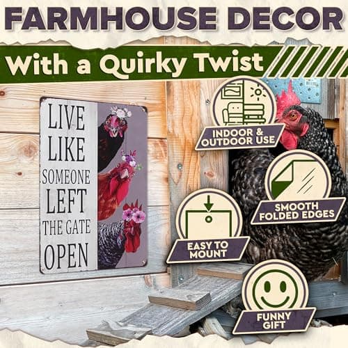 Metal Funny Chicken Coop Signs for Outside 8x12 inch - Live Like Someone Left The Gate Open Sign – Rustic Tin Farmhouse Wall Art and Vintage Chicken Decor for Kitchen, Porch, Barn, Backyard, or Garden - Thumbnail 4