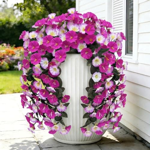 Artificial Flowers for Outdoors Fake Fuchsia Pink Morning Glory Hanging Flower Decoration, 2Pcs Realistic Faux Plants Petunias Long Trailing Vines,Spring Decor for Porch Patio Balcony Planter Yard - Image 1