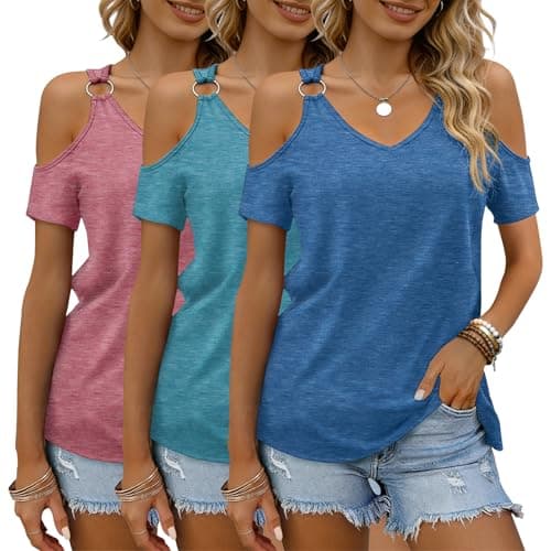 BOHOWE 3 Pack Casual Summer Women's Cold Shoulder T-Shirts V Neck Short Sleeve Basic Fashion Tops - Image 1