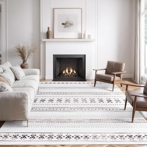 Auemtyn 9x12 Washable Area Rug, Boho Moroccan Low Pile Non-Slip Indoor Floor Carpet for Living Room Bedroom Dining Nursery Farmhouse - Dark Brown & White - Image 1