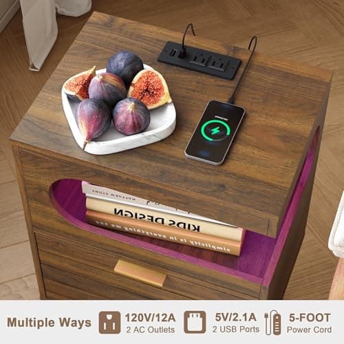 Veegle Nightstand with Charge Station,Modern Bedside Table with Storage Drawer and Open Wood Shelf, Accent Night Stand with Solid Wood Legs for Bedroom and Small Spaces (Walnut Brown) - Thumbnail 5