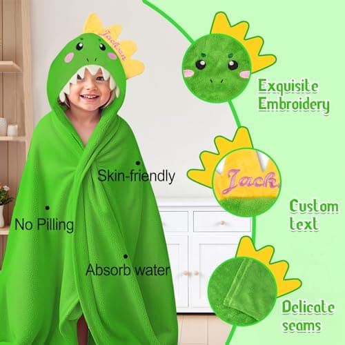 Individz Custom Hooded Bath Towel with Name, Personalized Highly Absorbent Bunny Towels, Baby Bath Towels for Girls Boys, Brithday for Baby, Toddler, Newborn (Green-Dinosaurs) - Thumbnail 3