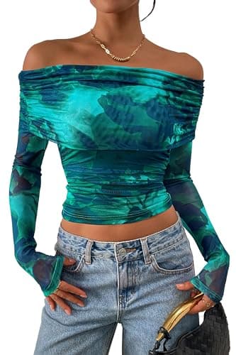 PRETTYGARDEN Womens Tops 2026 Spring Off The Shoulder Long Sleeve Fitted Y2k Shirts Floral Ruched Mesh Going Out Outfits(Lake Blue Floral,Medium) - Image 1