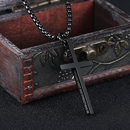 Rehoboth Cross Pendant Necklaces for Men Women Philippians 4:13 Bible Verse I Can Do All Things Stainless Steel Chain 16/20/24/28 Inchs (20 inchs,Black) - Thumbnail 2