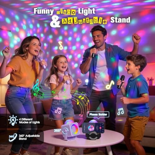 Disco Light Karaoke Microphone Machine: Portable Bluetooth Karaoke Speaker Adjustable Stand Wireless Microphones Party Lights for Adults Kids Toys Birthday Gifts for 4-12 Year Old Boys Girls Family - Thumbnail 2