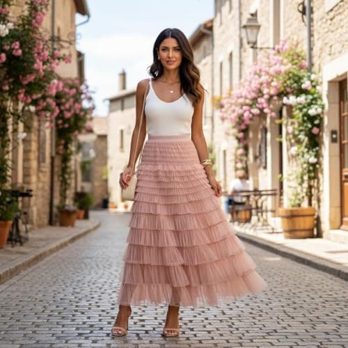 Mincib Womens Long Tulle Skirt A Line Ruffle Tiered Layered Skirts High Waisted Flowy Fairy Maxi Skirts Valentine's Day Gifts Outfit(Pink,L) - Thumbnail 5
