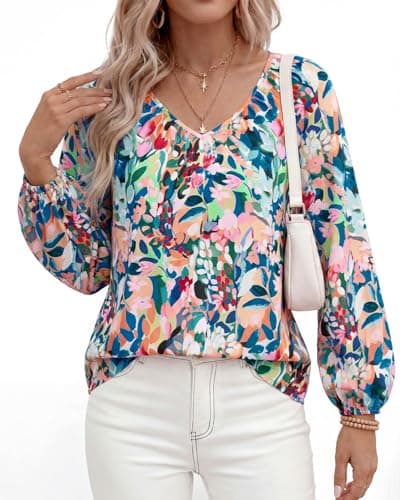 Zenlonr Women's Summer Tops Dressy Casual 2026 V Neck Satin Silk Printed Shirts Boho Long Sleeve Work Blouses(Floral Blue Green,Large) - Thumbnail 4