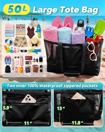 OnWander Large Mesh Beach Tote Bag, 50L Pool Bags with 2 Inner Zipper Waterproof Pockets for Swim Toys Towels Travel - Thumbnail 3