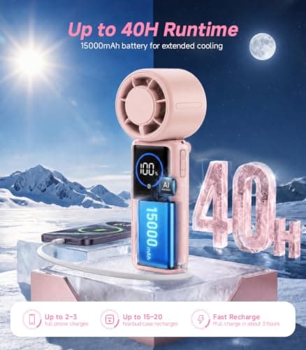 Turbo Portable Handheld Fan, 15000mAh Foldable Rechargeable Personal Fan for 40H, 4-in-1 Neck Fan with Built-in USB-C Cable & Display, 15m/s Hand Fans for Travel Concerts Outdoors Gifts for Women - Thumbnail 4