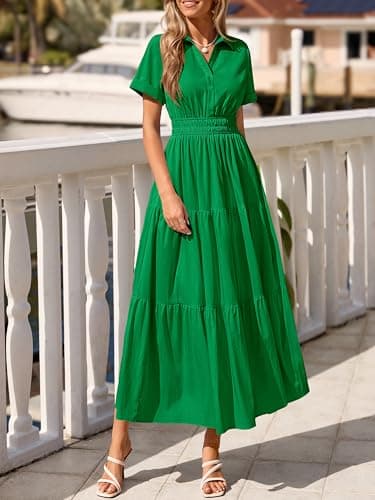 BTFBM Wedding Guest Dresses for Women Beach Fashion Casual Short Sleeve V Neck Solid Spring Summer Boho Maxi Dress (Green,XX-Large) - Thumbnail 3