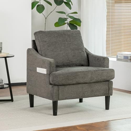 XYPFURN Accent Chair for Living Room, Mid Century Modern Reading Chair with Side Storage Pocket, Comfy Upholstered Armchair with Solid Wood Legs for Bedroom, Office, Waiting Room (Gray)