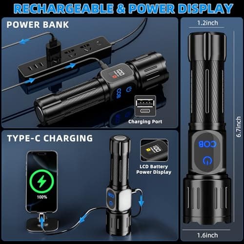 Dszuu Rechargeable LED Flashlight, Super Bright 99000 High Lumens Flash Light, 9 Modes Zoomable Flashlight with LCD Display, Waterproof Tactical Flashlights for Camping, Home Emergency - Thumbnail 5