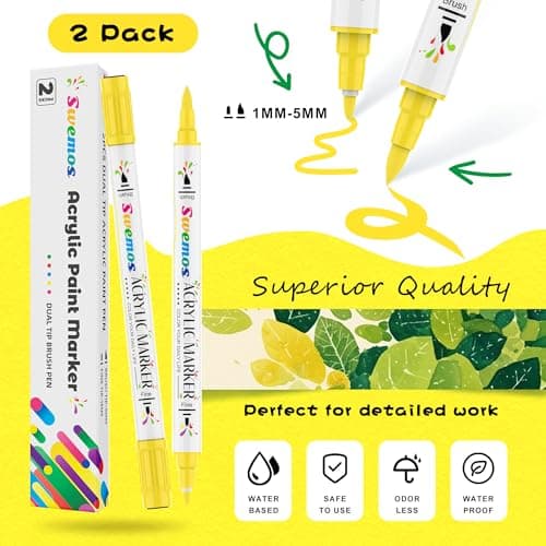 Swemos 2Pcs Yellow Acrylic Paint Pens Markers, Dual Tip with Fine Tip and Brush Tip Pens Acrylic Paint Markers Waterproof Acrylic Markers Set for Rock, Canvas Stone, Wood, Glass, Metal (YELLOW, 2) - Thumbnail 4