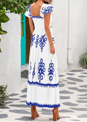 BTFBM Summer Dresses for Women 2026 Casual Floral Boho Sleeveless Square Neck A Line Flowy Beach Maxi Dress Pockets(White Blue Flower, Small) - Thumbnail 3
