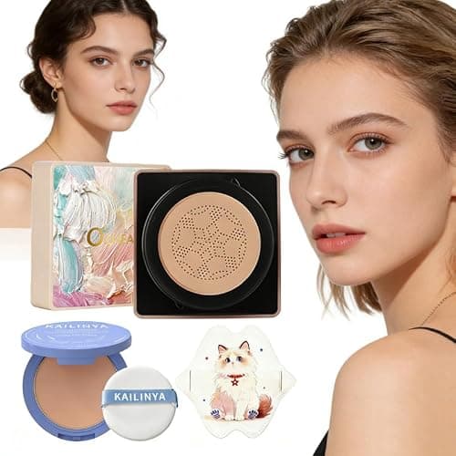 Mushroom-Head Cushion Foundation, Setting Powder (3 Shades Available), and Puff Set — Conceals, Sets Makeup, and Creates a Long-Lasting Matte Finish (Wheat-colored)