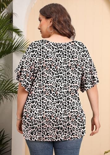 AusLook Plus Size Casual Tops For Women Fancy Peachy Leopard 1X Tunic Double Ruffle Short Sleeve Blouses Crewneck Clothing Tee Ladies Clothes Flowy Dressy Casual Loose Fit Outfits Maternity Summer - Thumbnail 6