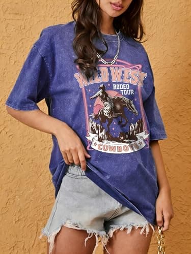 Western Shirts for Women Oversized Graphic Tees Vintage Cowboy Rodeo T Shirts Acid Wash Cattle Skull Casual Short Sleeve Tops - Thumbnail 4