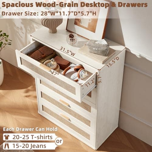 LEYAOYAO Rattan Dresser for Bedroom, 41" Tall Dressers Chest of Drawers, Boho Small Dressers with 5 Drawers, Grey White Dresser Wooden Closet Organizer for Living Room, Hallway - Thumbnail 5