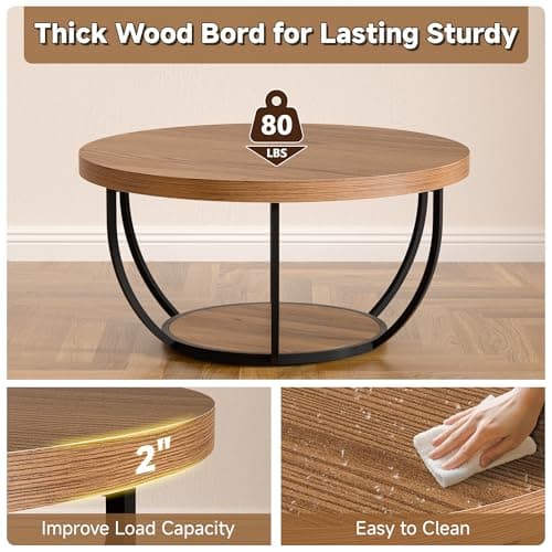TEROL Round Coffee Table, 31" Coffee Table for Living Room Decor, 2-Tier Storage with Steel Frame, Space-Saving Wood Center Table, Modern Style Easy Assembly (Brown) - Thumbnail 3