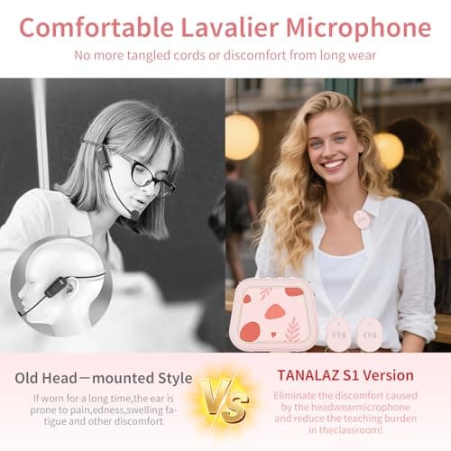 TANALAZ S1 Voice Amplifier Wireless, 25W Portable PA System with Dual Wireless Lavalier Mics, Bluetooth Speaker with Shoulder Strap for Classroom, Training, Tour Guiding & Public Speaking (Pink) - Thumbnail 2