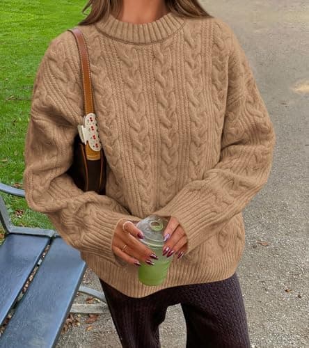 Okiwam Women's Oversized Sweaters Crewneck Cable Knit Pullover Casual Loose Fall Outfits Spring Fashion Clothes 2026-S Khaki - Thumbnail 4