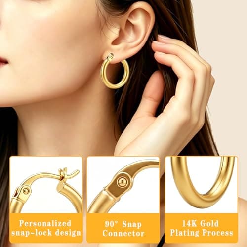 14K Gold Plated Hoop Earrings for Women, Hypoallergenic Lightweight Small Huggie Hoops, Fashion Gold Earrings with Gift Box Ideal Jewelry Gift for Birthday Valentine Mother's Day for Wife Her (19mm) - Thumbnail 6