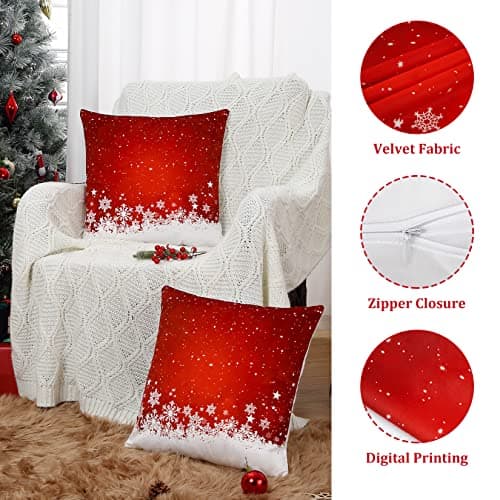CAROMIO Christmas Throw Pillow Covers 18x18, Red Velvet Throw Pillows Set of 2, Floral Snowflake Pillow Covers for Couch Home Decoration (18 x 18 Inch, 2 Pack) - Thumbnail 6