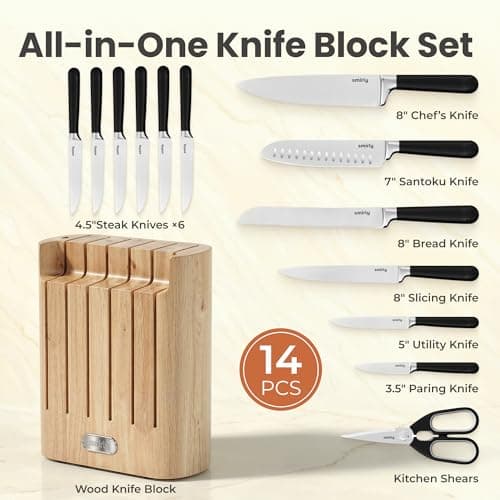 SMIRLY 14-Piece Kitchen Knife Set with Magnetic Block, High Carbon Stainless Steel Chef Knives, Ultra Sharp, Dishwasher Safe, Black - Thumbnail 2