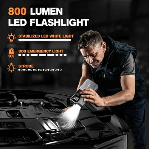 Lucklike W210 Jump Starter with Air Compressor 150 PSI, 12V 6000A Peak Lithium Car Battery Jump Starter for All Gas and 10.0L Diesel, 80.66Wh Booster Jump Box Pack with LED Light, Jumper Cables - Thumbnail 4