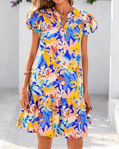 dowerme Womens Summer Dresses 2026 Puffy Sleeve V Neck Loose Floral Print A Line Boho Mini Babydoll Dress with Pockets(Multicolored,Medium) - Thumbnail 2