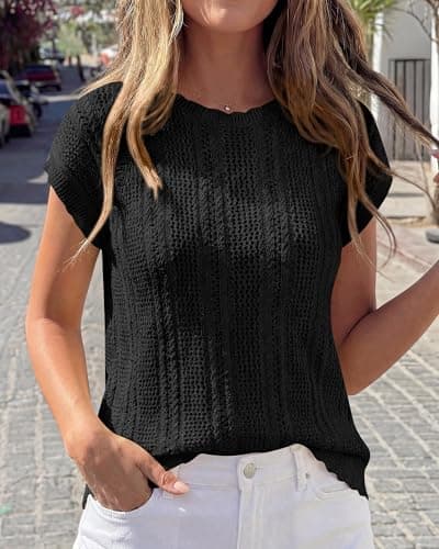 KIRUNDO Crochet Tops for Women Cap Short Sleeve Sweater Vest 2026 Spring Summer Cable Knit Pullover Beach Vacation Outfits(Black, Medium) - Thumbnail 2