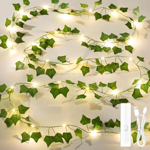 Lakumu Sweet Potato Ivy Fairy Lights, 33ft 100 LED Rechargeable Battery Operated String Lights, 8 Modes Timer Artificial Leaves Lights for Bedroom Wall Garden Party Wedding Decor, Warm White