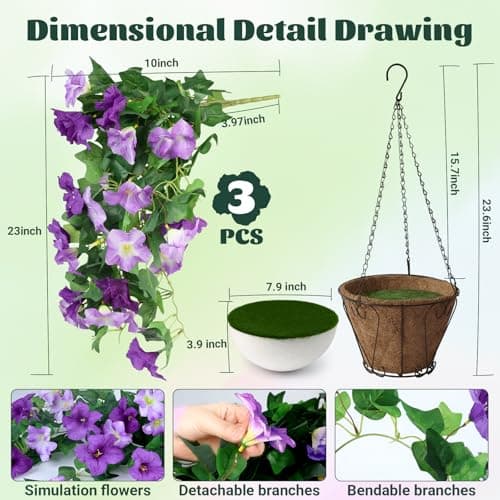 AMORISE 3PCS Hanging Artificial Flowers with Basket, Morning Glory Patio Decorations Outdoor Fake Hanging Decoration, Look Real UV Resistant Artificial Flowers for Outdoor Porch Patio Balcony(Purple) - Thumbnail 2