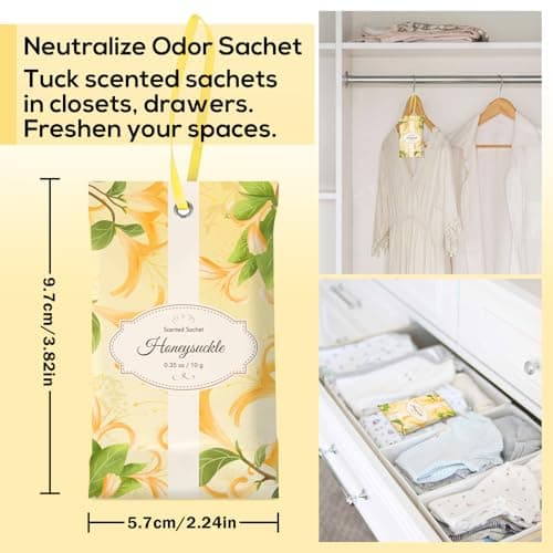 SCENTORINI Scented Sachets for Drawers and Closets, Honeysuckle Scent 14 Pack, Long-Lasting Sachets Bags Wardrobe Freshener for Small Space, Luggage, Clothes Storage, Suitcases - Thumbnail 4
