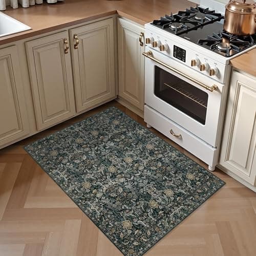 Luxcrest Green 3x5 Area Rug: Vintage Floral Washable Rugs for Entryway Kitchen Bedroom Indoor - Non-Slip Stain Resistant Thin Low Pile - Dark Green - Thumbnail 5