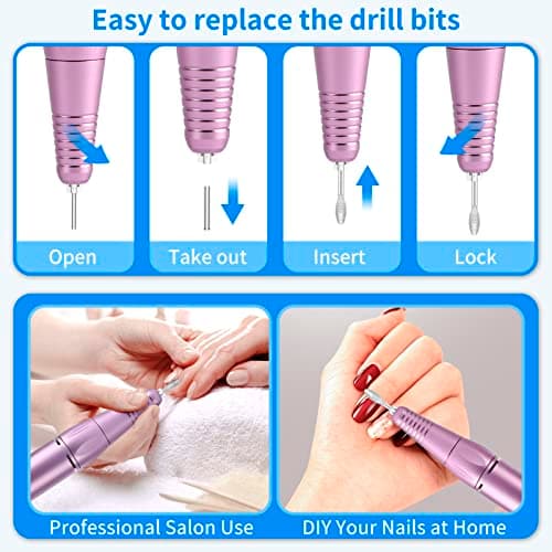Portable Nail Drill Professional 35000 RPM, MOCOWIND Rechargeable Electric Nail File Machine for Acrylic Gel Polishing Removing, Cordless E-File with Bits Kit for Manicure Salon Home, Blue & Purple - Thumbnail 6